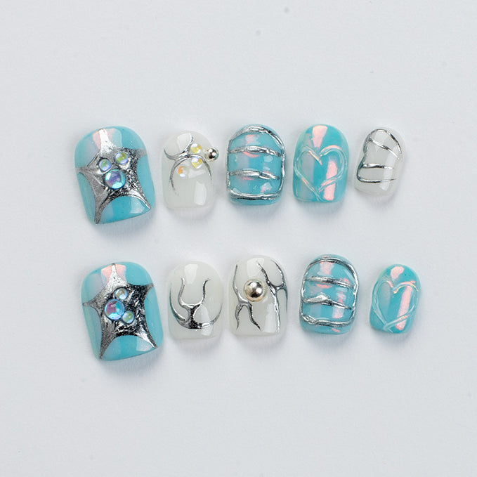 Stargazer Blue (Short Square) Press on Handmade Nails