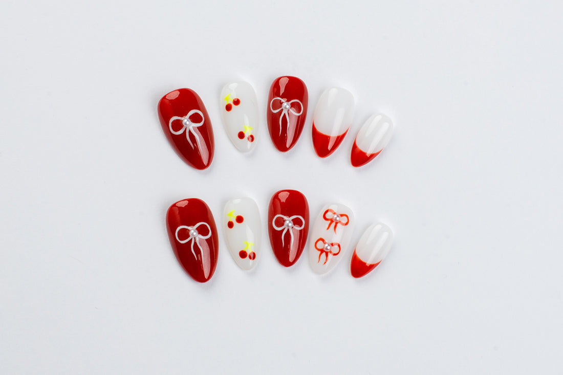 Strawberries and Cream (Short Almond) Press on Handmade Nails