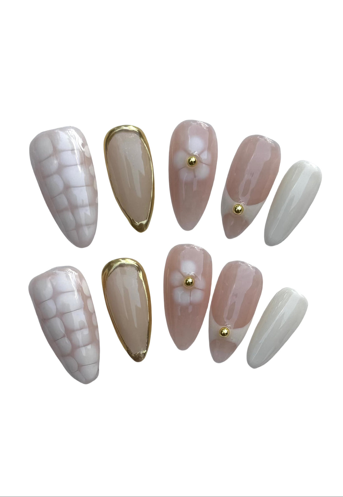 Nude Floral (Medium Almond) Press on Handmade Nails