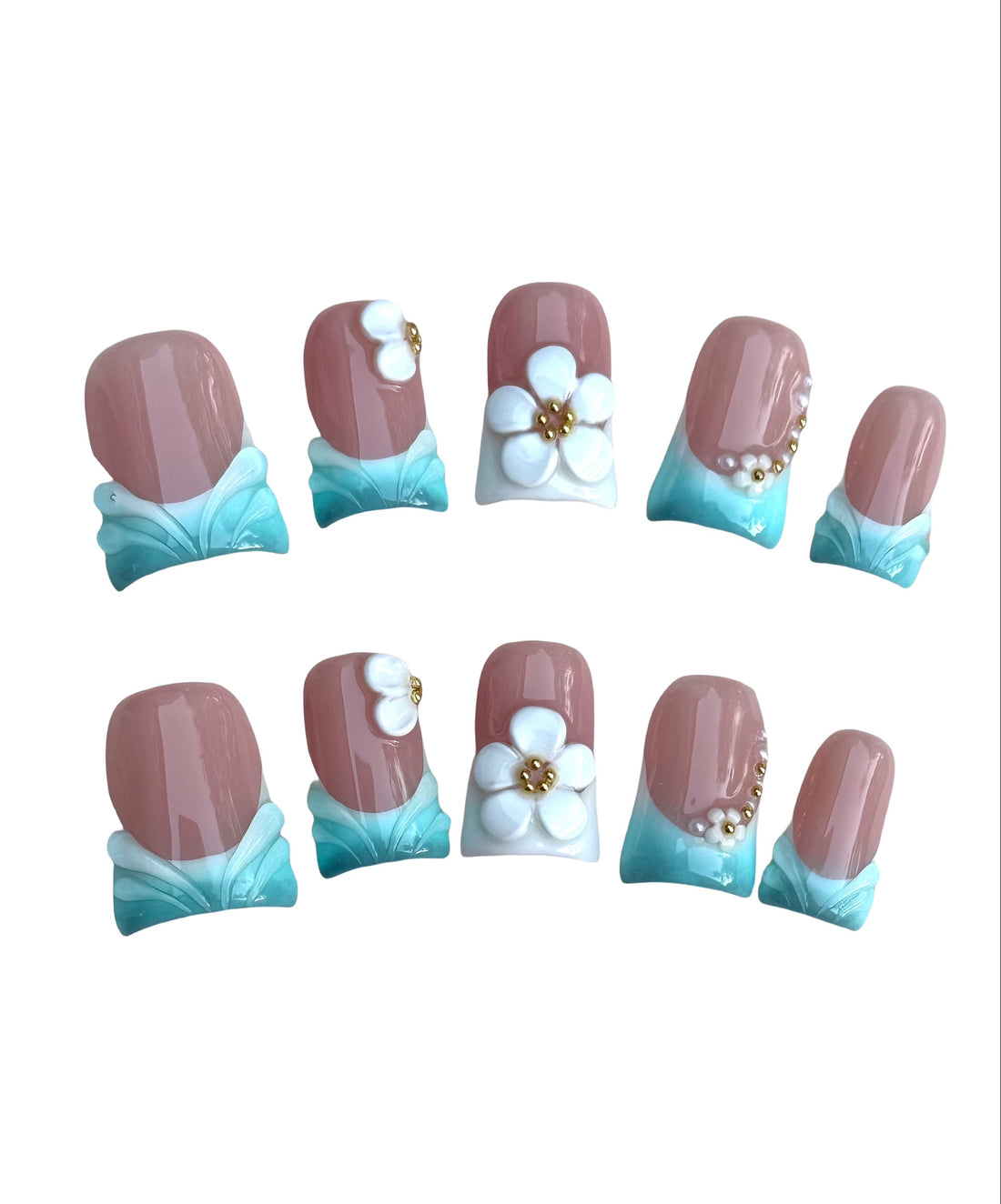 Aqua Daisy Breeze (Short Duck) Press on Handmade Nails